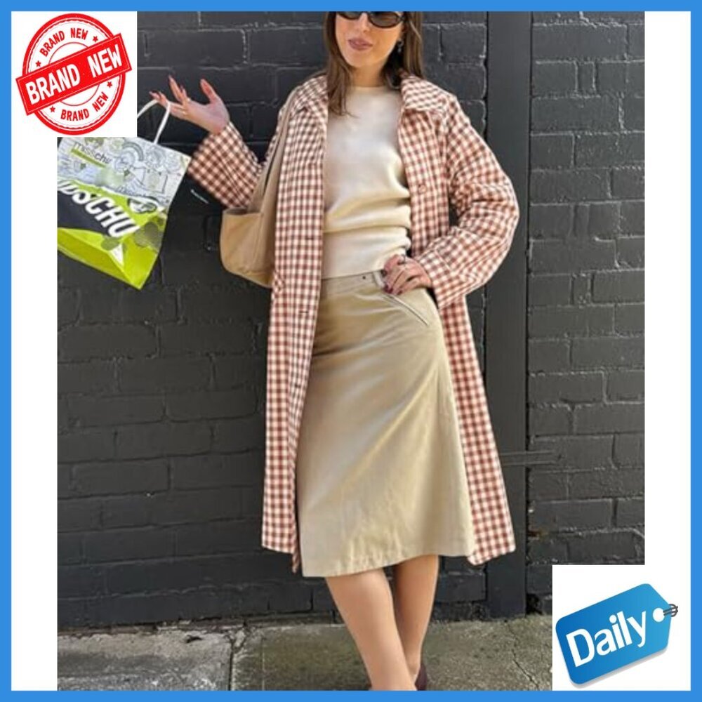 Women's Long Trench Coat Plaid Barn Jacket Single Breasted Casual Outerwear - Picture 7 of 7